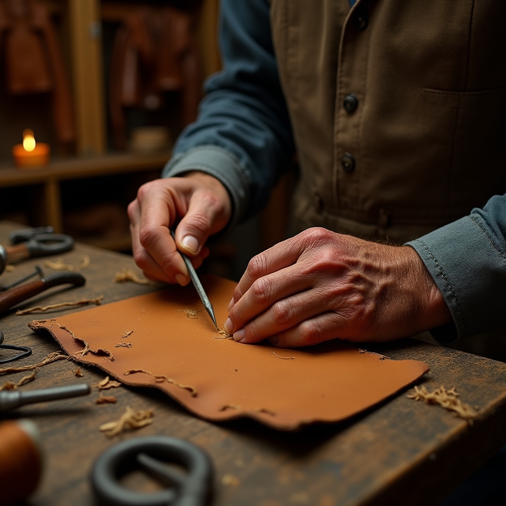 Primo piano delle mani di un artigiano che lavora il cuoio su un banco da lavoro, con strumenti tradizionali disposti accanto