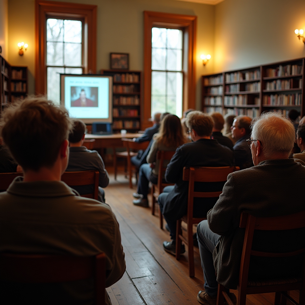Sala di una biblioteca allestita per la presentazione di un episodio podcast, con sedie disposte verso uno schermo e un microfono