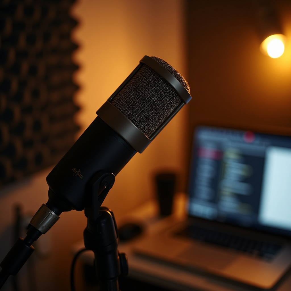 Primo piano di un microfono da podcast su braccio snodato in un piccolo studio di registrazione con luce naturale