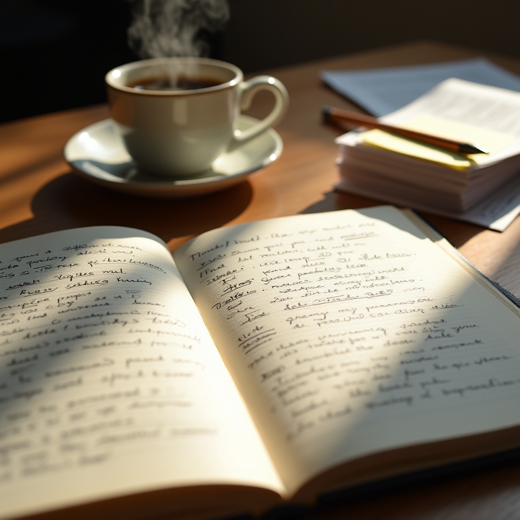 Quaderno aperto con appunti scritti a mano per la sceneggiatura di un episodio podcast, accanto a una tazza di caffè su una scrivania di legno